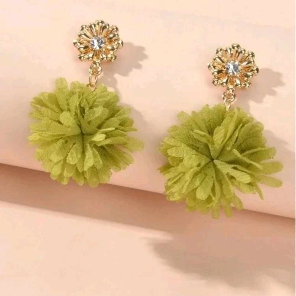 Green Pom Pom Dangle Earrings Rhinestone Floral Stud Coquette statement💖2/$30